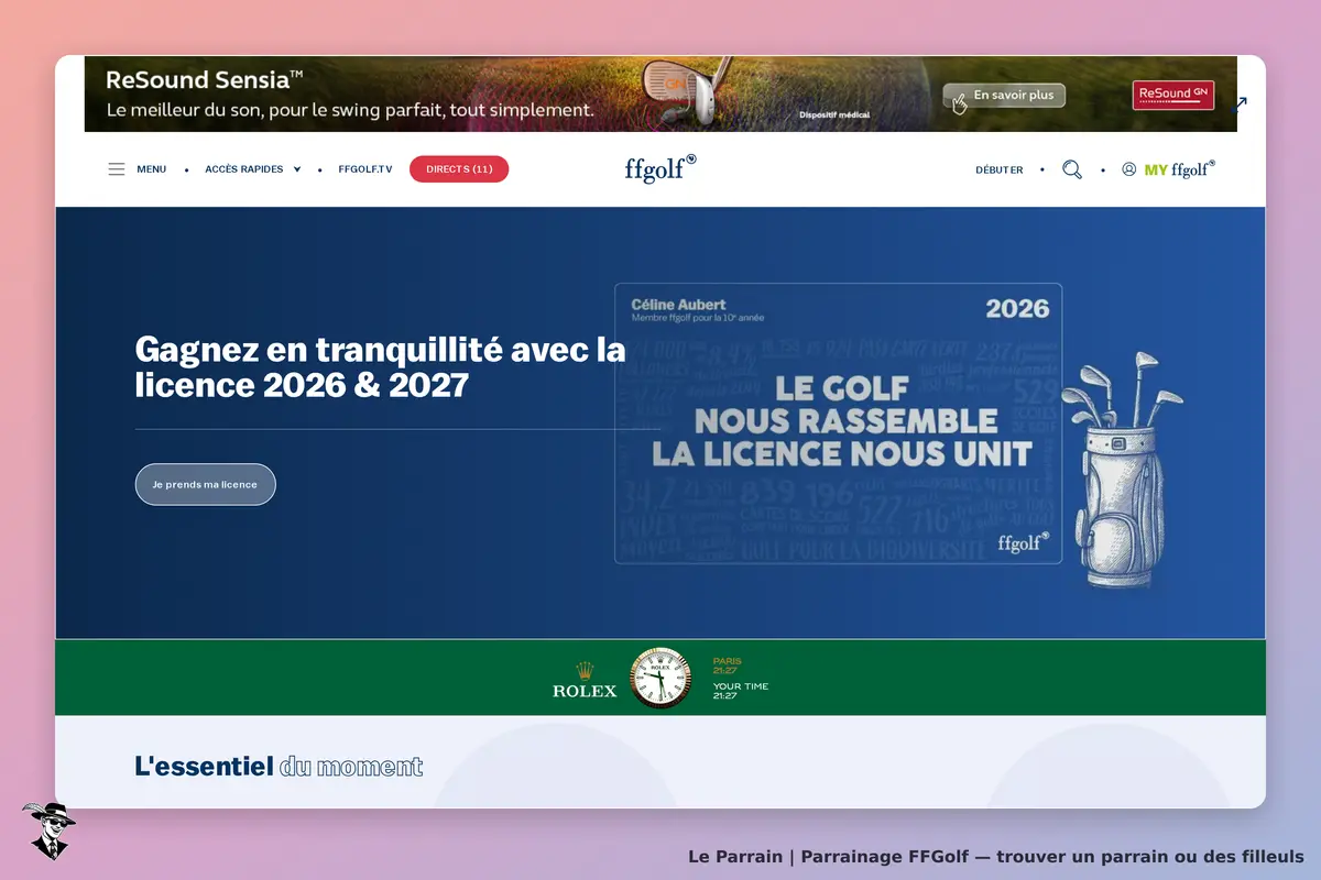 FFGolf : page d'accueil avec un message sur la licence 2026 & 2027 et un visuel de matériel de golf