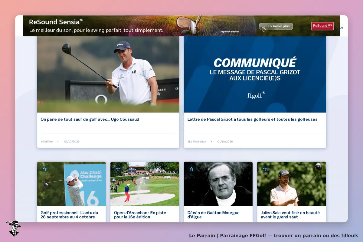 FFGolf : page d'accueil avec articles sur le golf et des images de joueurs en action