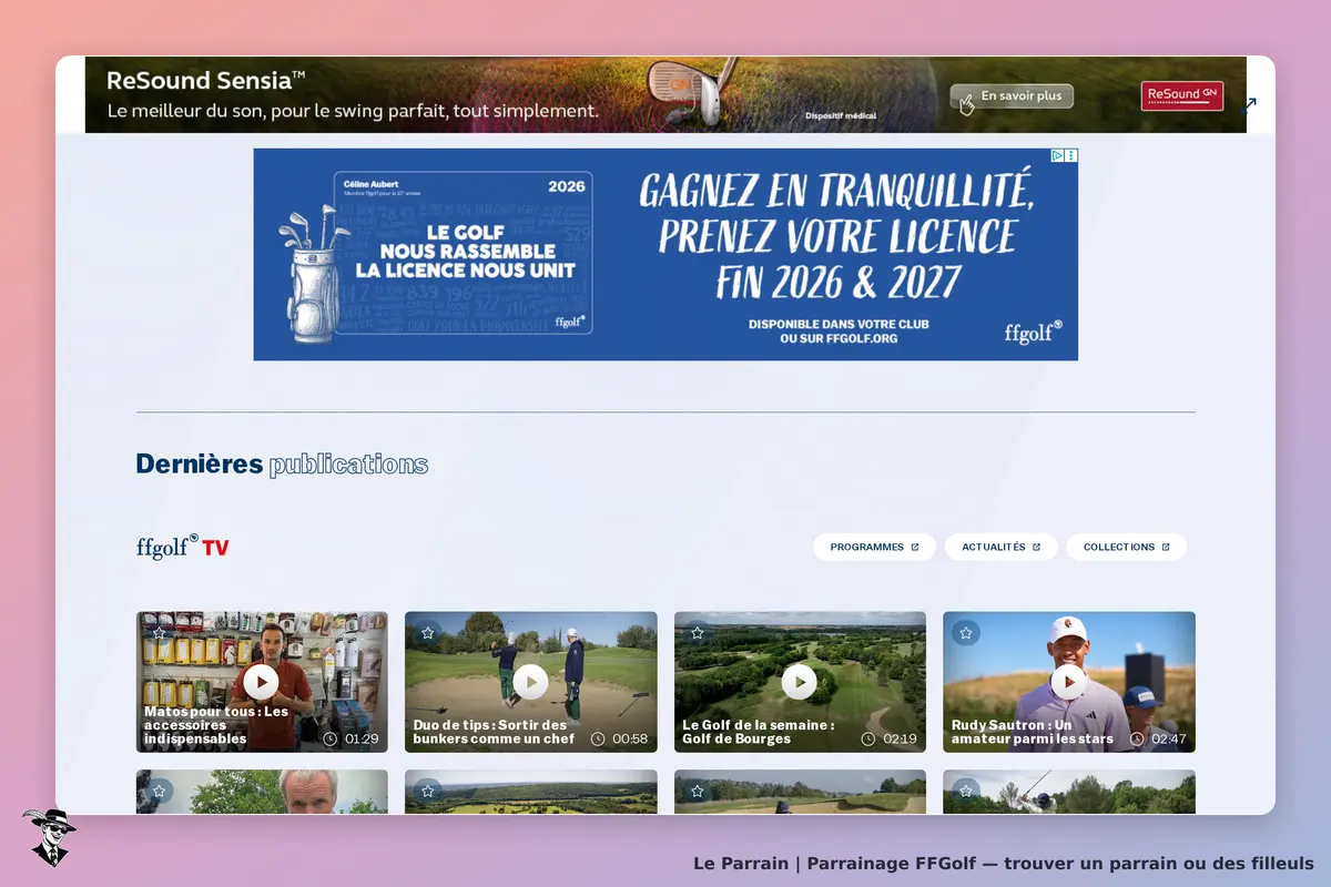 FFGolf : page d'accueil avec vidéos récentes et bandeau promotionnel en haut
