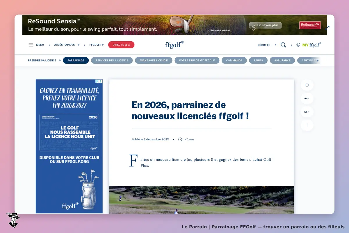 FFGolf : page d'accueil présentant le parrainage pour de nouveaux licenciés en 2026