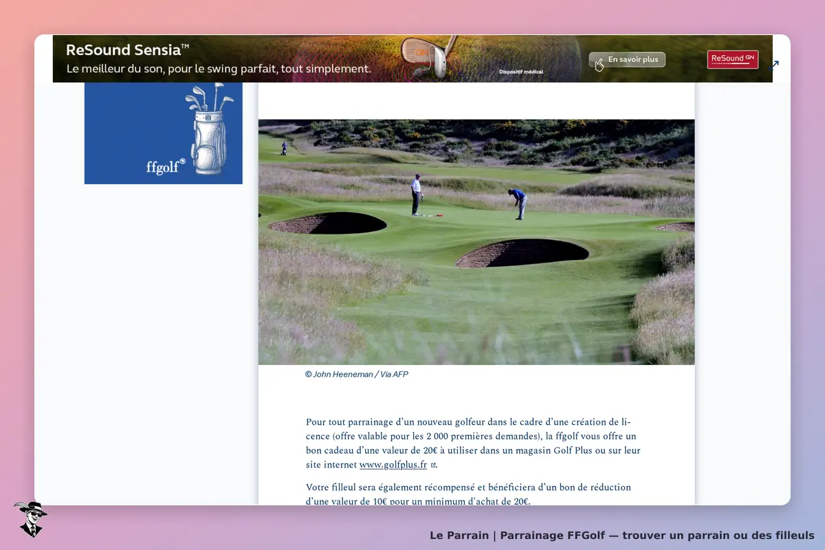 FFGolf : deux golfeurs sur un terrain avec des bunkers, logo et texte promotionnel en haut