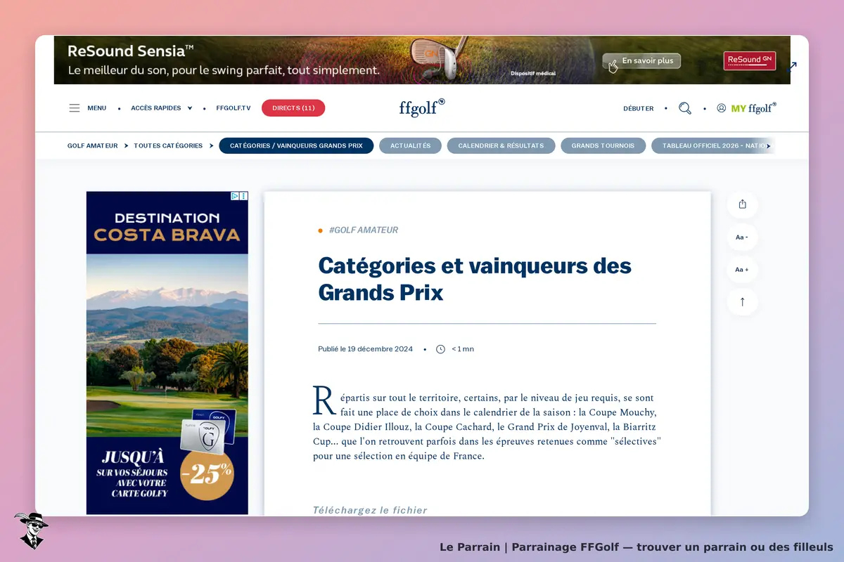 FFGolf : page sur les catégories et vainqueurs des Grands Prix, avec texte explicatif