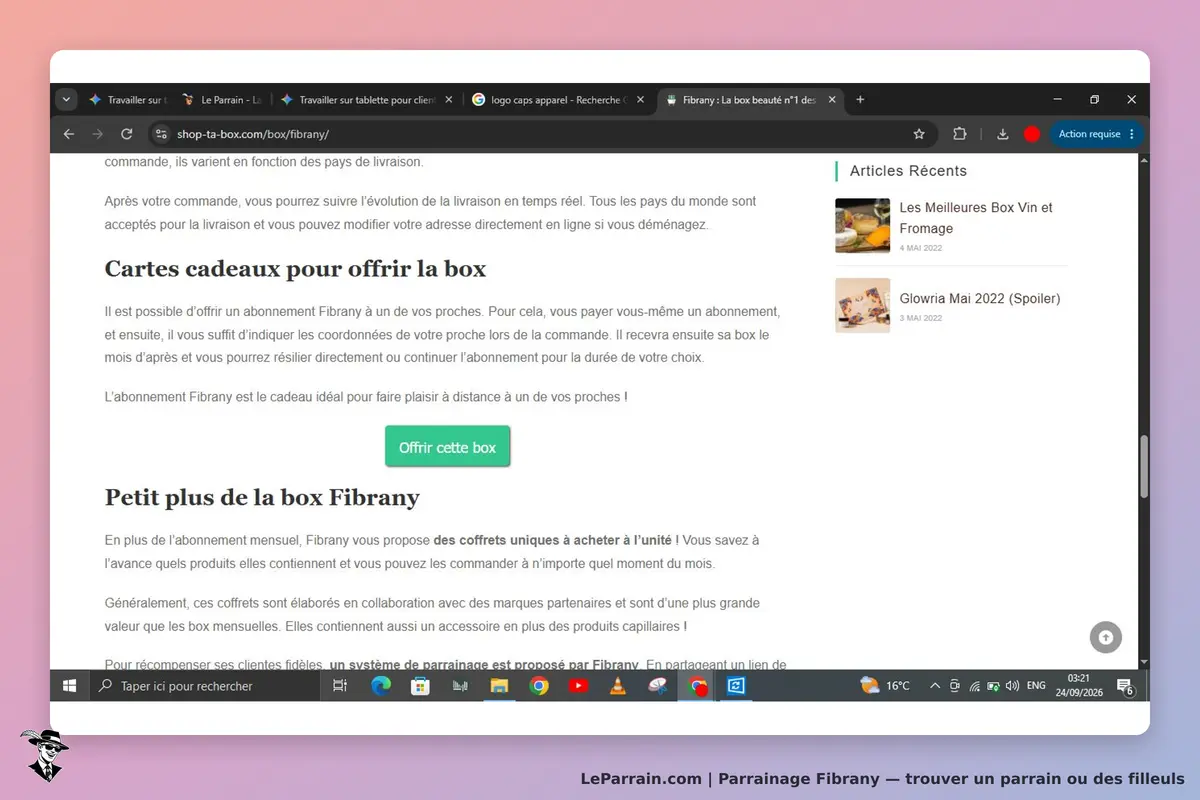Fibrany : page d'accueil présentant des cartes cadeaux et des informations sur l'abonnement