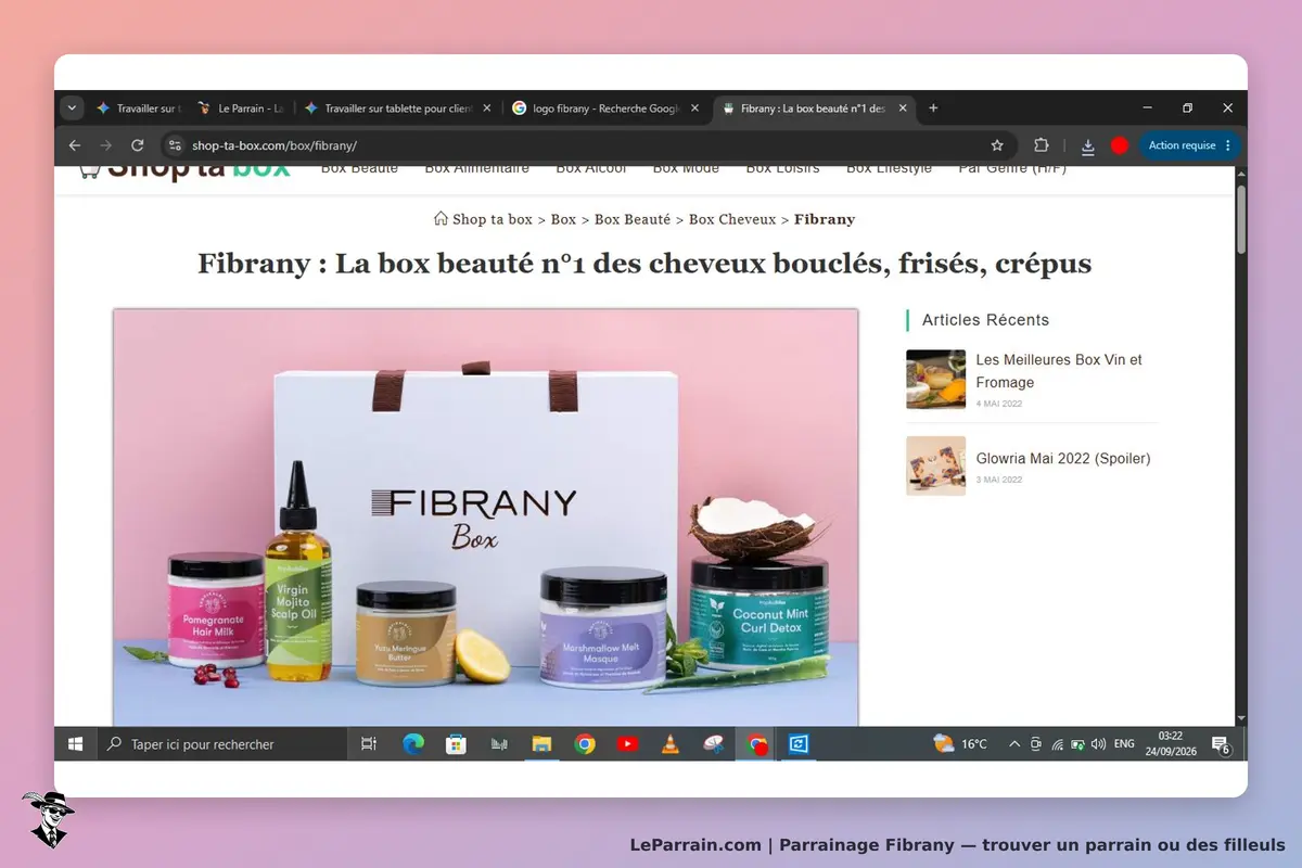 Fibrany : présentation de la box beauté avec divers produits capillaires sur fond pastel