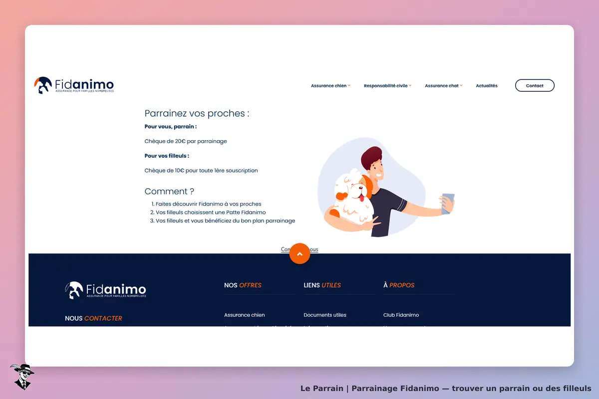 Fidanimo : page d'accueil avec un homme tenant un chien et des informations sur le parrainage