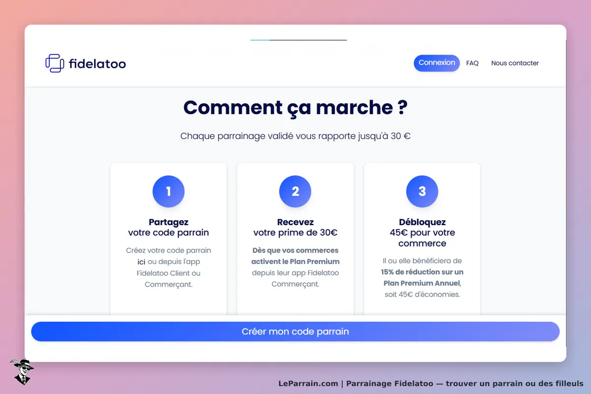 Fidelatoo : étapes du parrainage avec boutons et descriptions des actions à réaliser