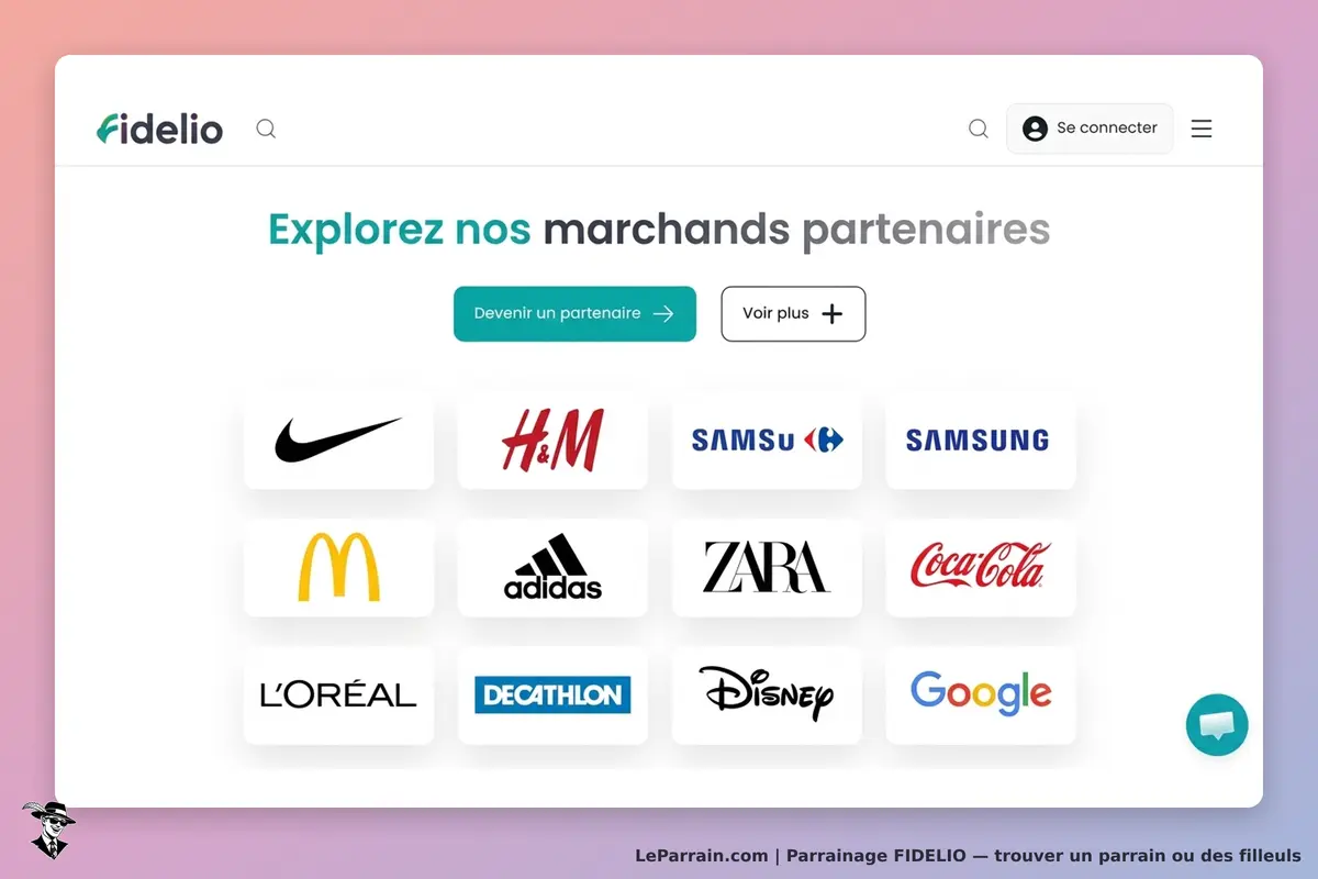 FIDELIO : page d'accueil avec logos de marchands partenaires et bouton pour devenir partenaire