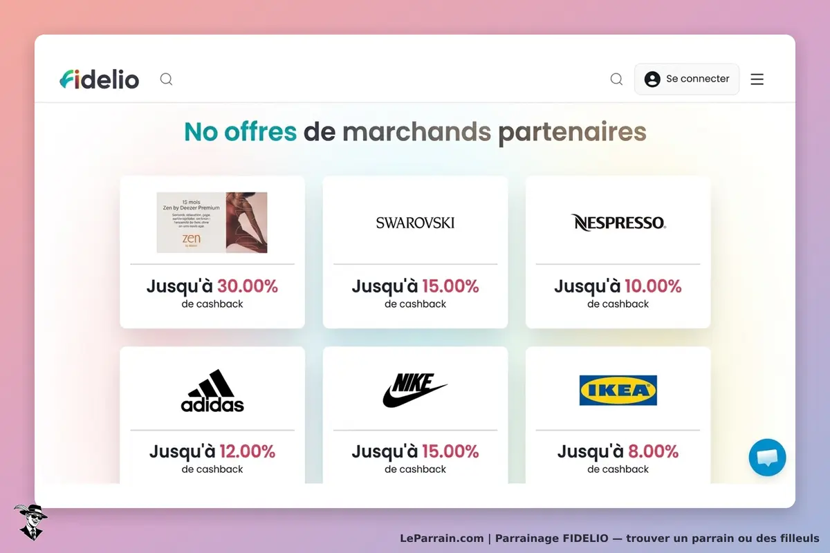 FIDELIO : page d'accueil affichant des offres de cashback de divers marchands partenaires