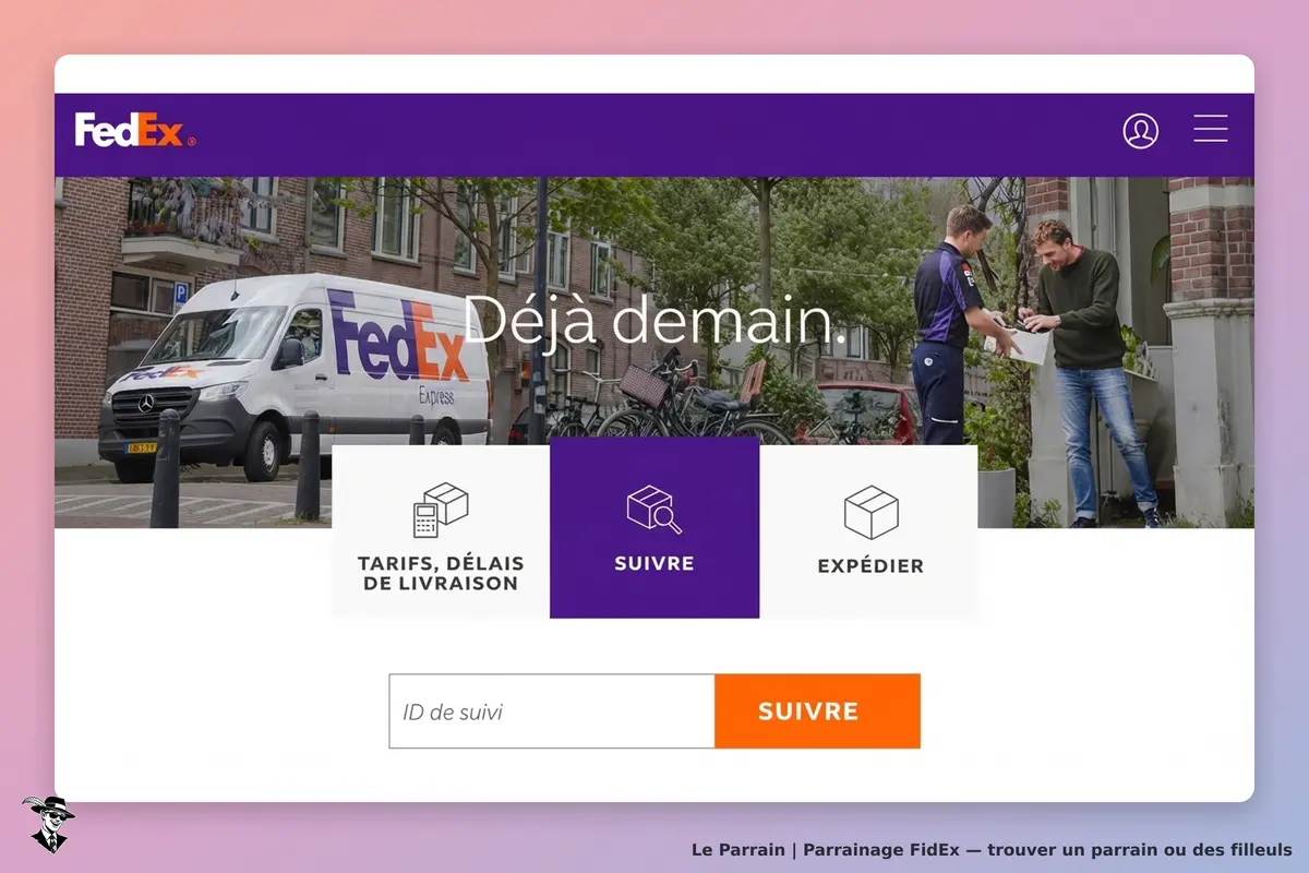 FidEx : fedEx : page d'accueil avec un camion et un formulaire de suivi de livraison