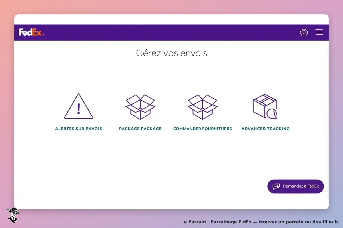 FidEx : fedEx : page d'accueil avec options pour gérer les envois et un bouton de demande