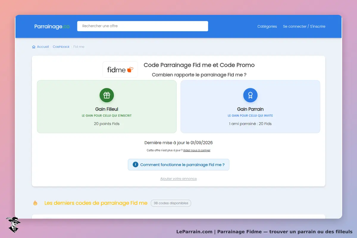 Fidme : tableau des gains pour le parrainage avec points Fids affichés