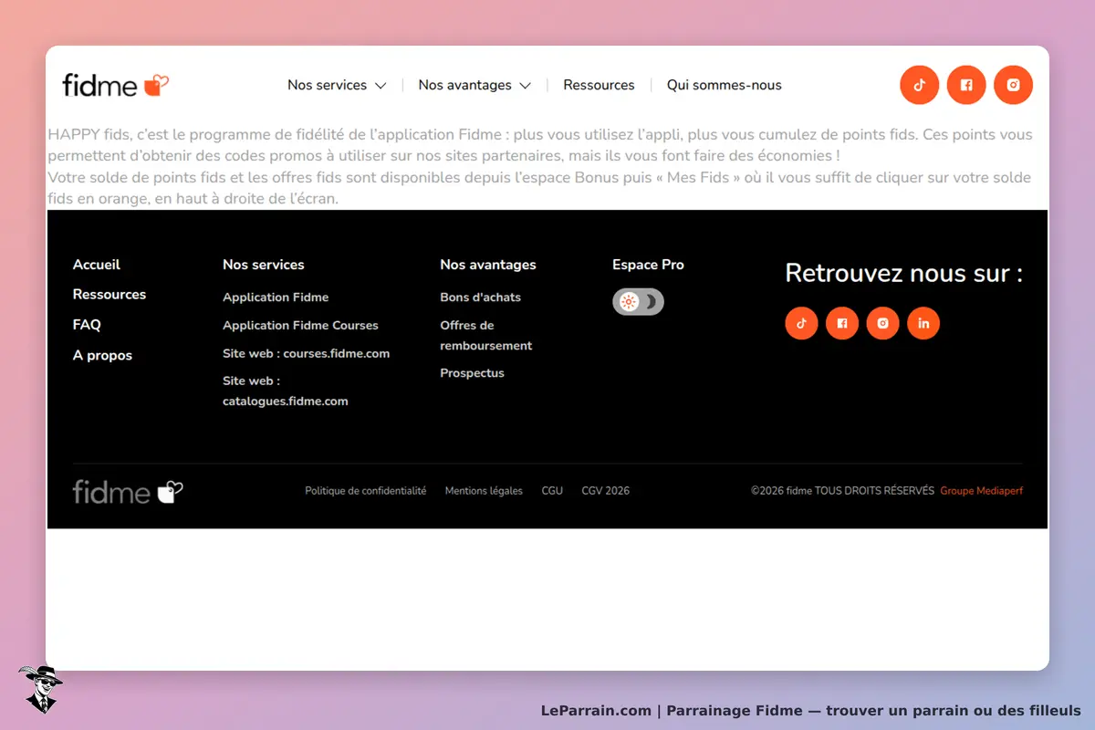 fidme : page d'accueil avec menu et informations sur le programme de fidélité Fidme
