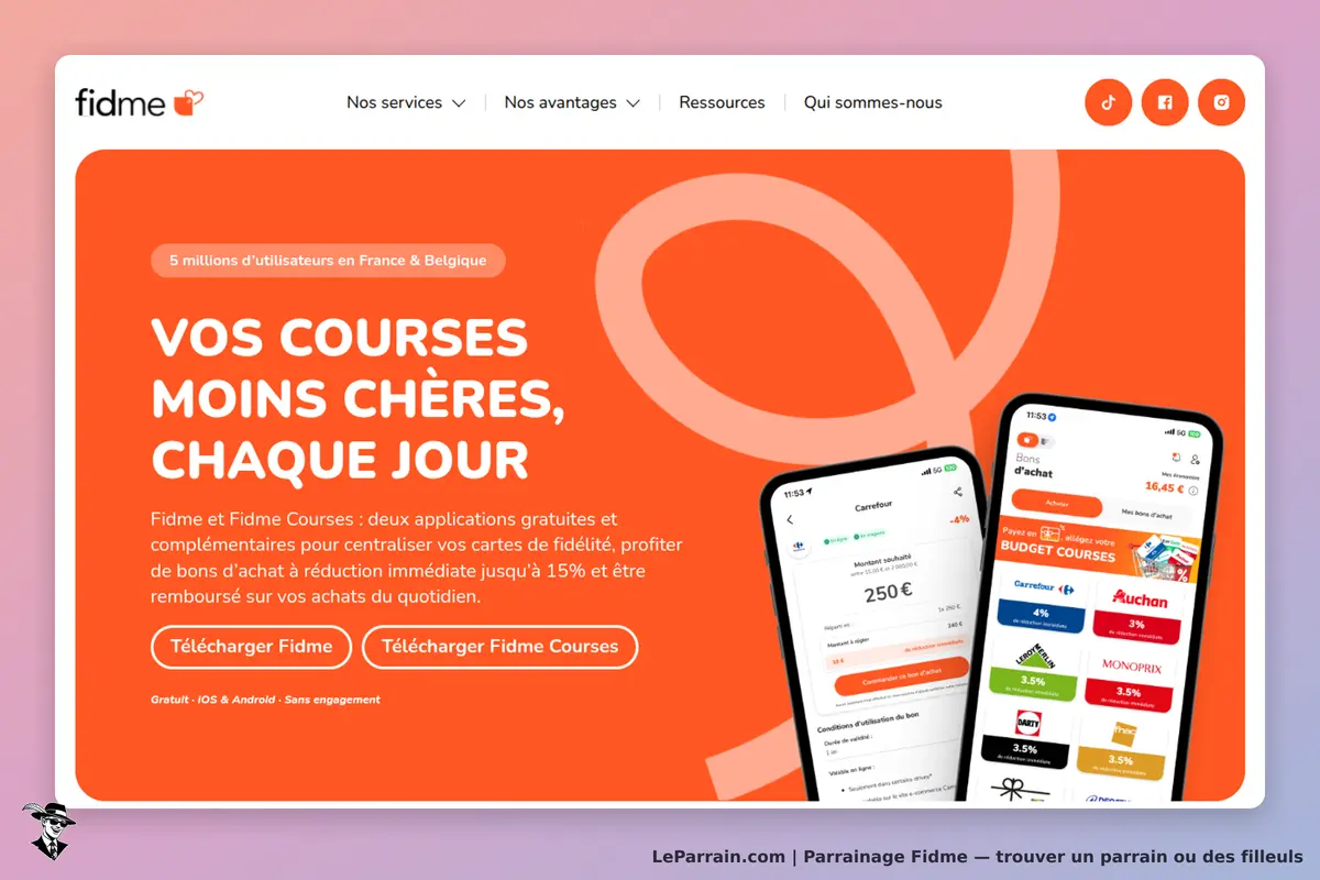Fidme : page d'accueil présentant les applications et un aperçu de l'interface mobile