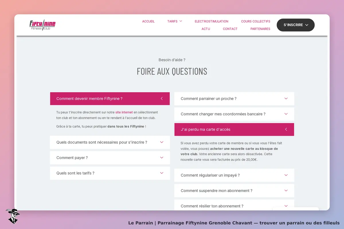 Fiftynine Grenoble Chavant : fiftynine : page d'accueil avec la foire aux questions et des options