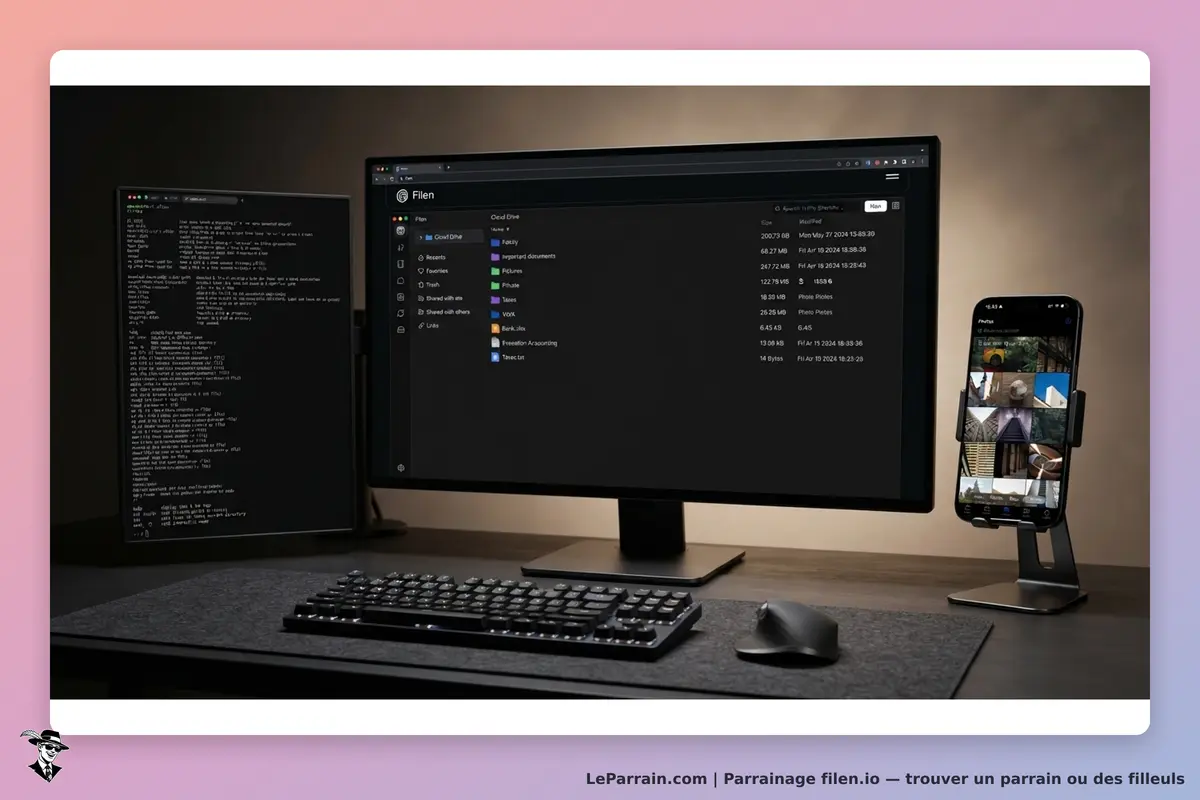 filen.io : interface de gestion de fichiers sur un écran, avec un smartphone à côté