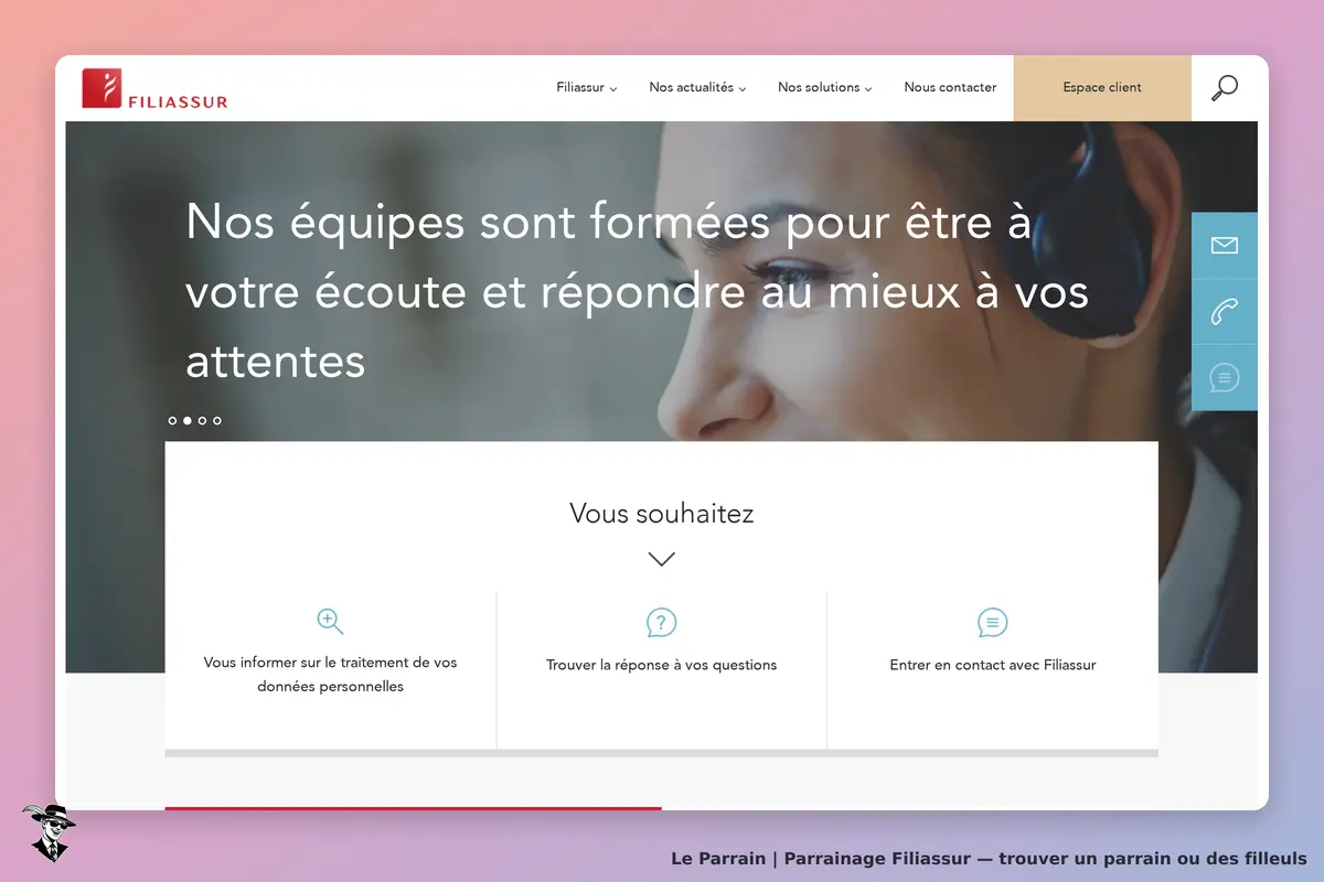 Filiassur : page d'accueil avec un message d'accueil et des options d'assistance client