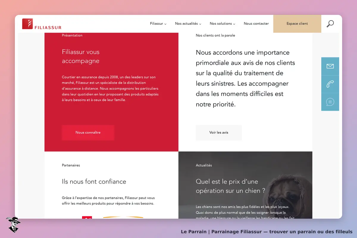 Filiassur : présentation des services avec témoignages clients et actualités sur la page d'accueil