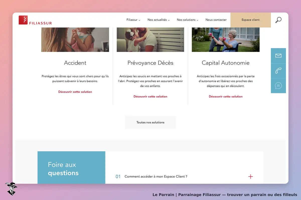 Filiassur : page d'accueil avec trois solutions d'assurance et accès à l'Espace Client