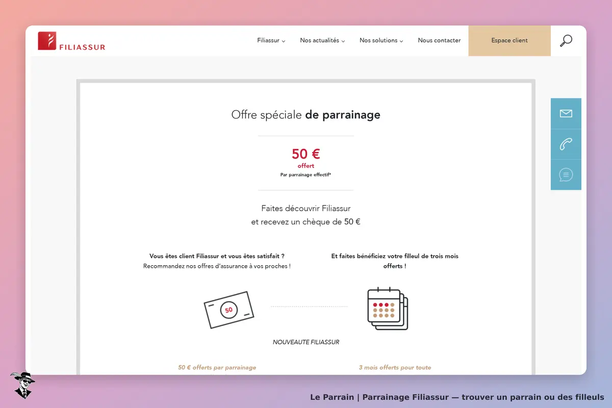 Filiassur : page d'accueil avec une offre de parrainage et des éléments graphiques associés