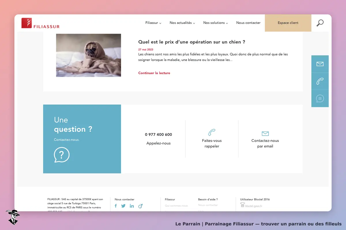 Filiassur : page d'accueil avec un chien sous une couverture et options de contact en bas