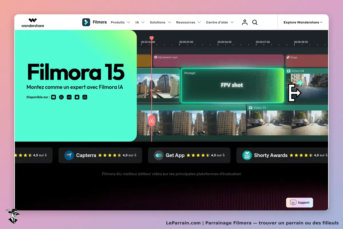 Filmora : page d'accueil présentant Filmora 15 et un aperçu d'édition vidéo