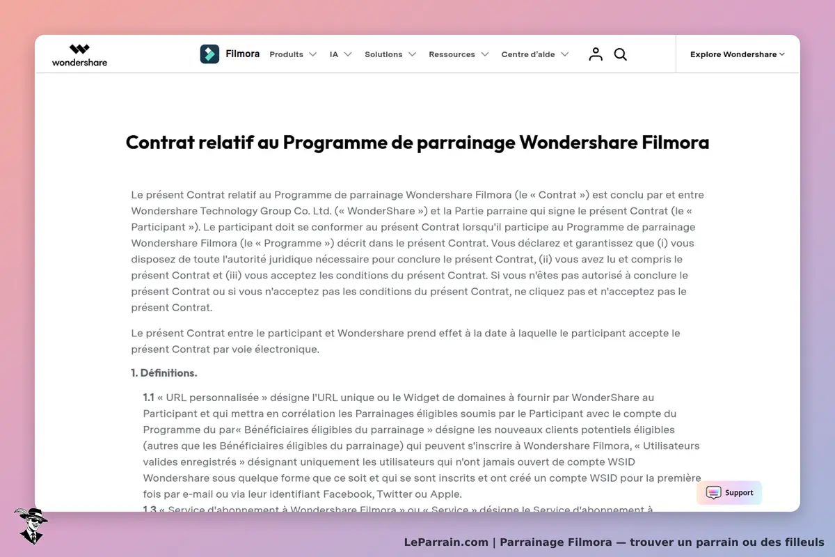 Wondershare : contrat relatif au programme de parrainage Filmora affiché sur la page