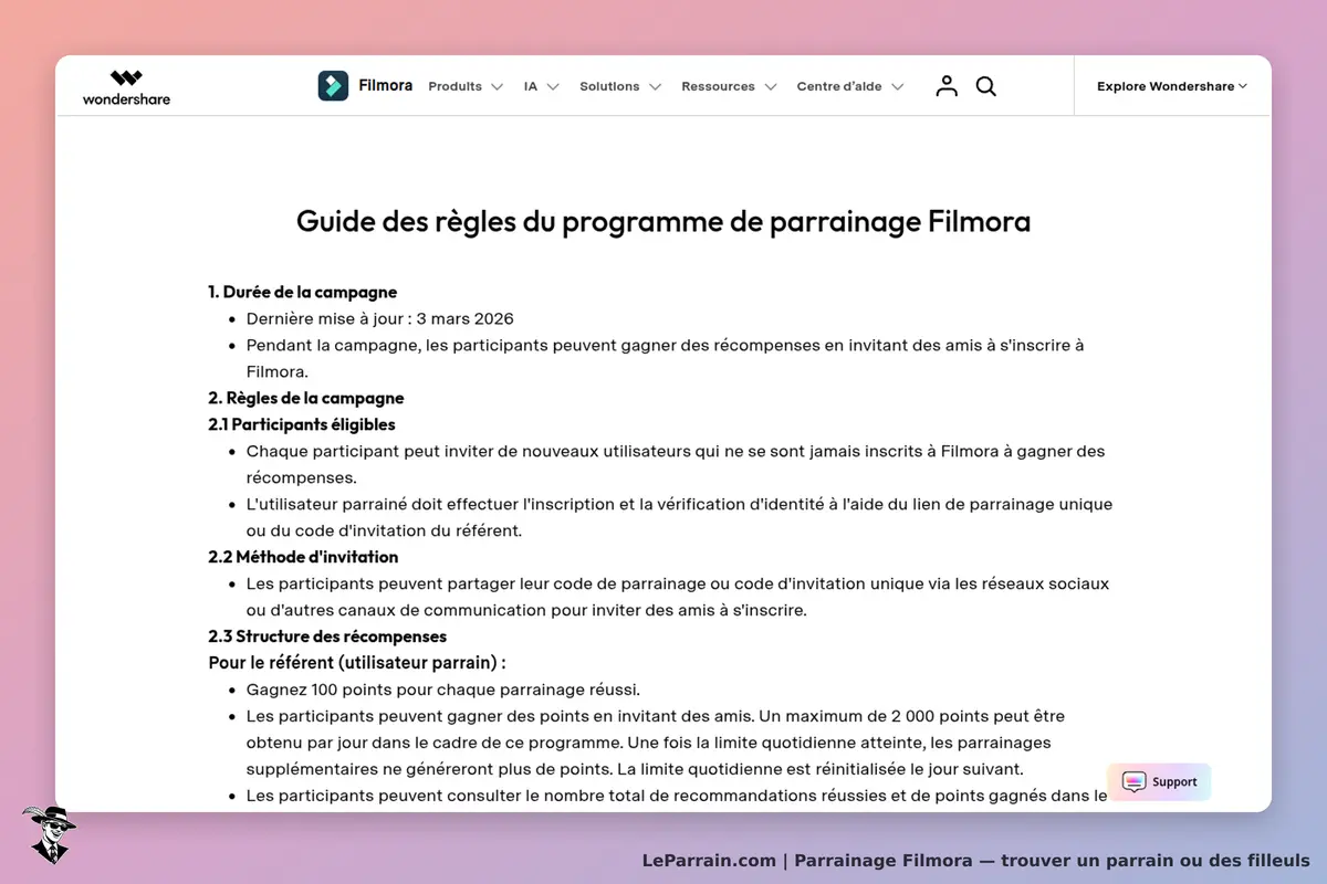 Filmora : guide des règles du programme de parrainage avec plusieurs sections détaillées