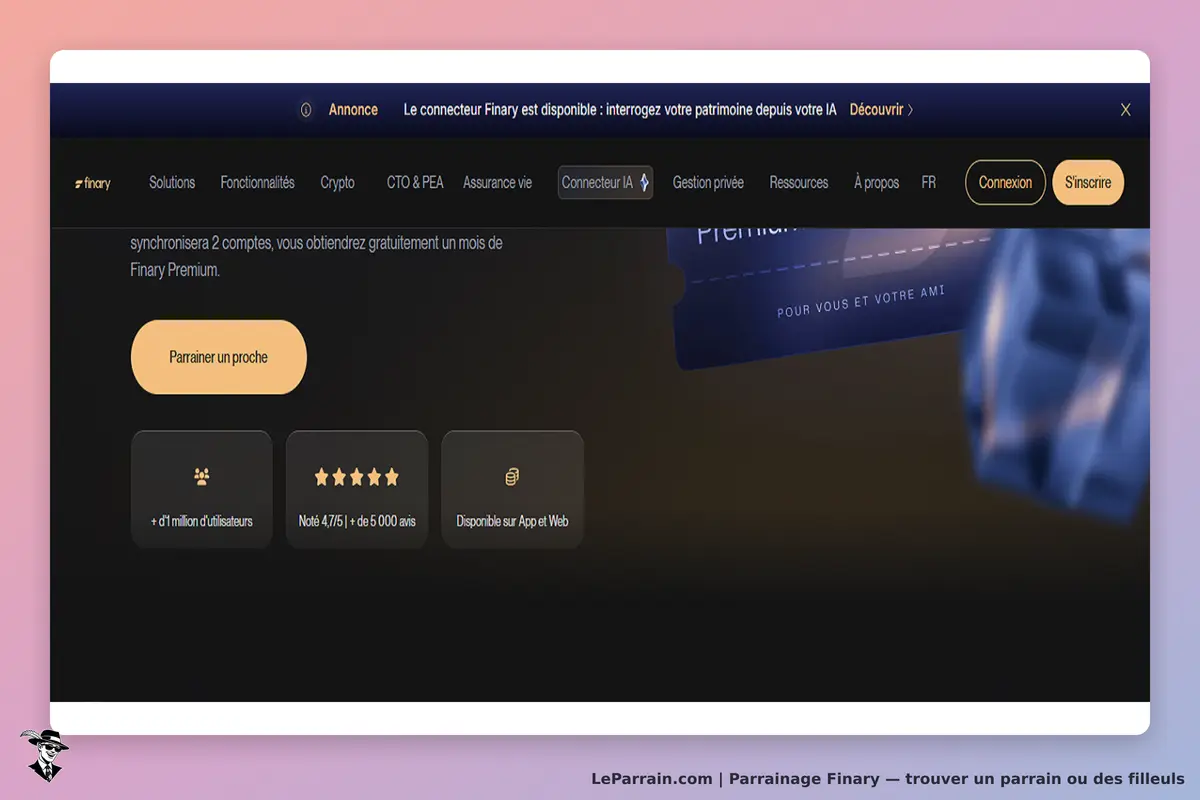 Finary : page d'accueil avec bouton de parrainage et informations sur les utilisateurs et avis