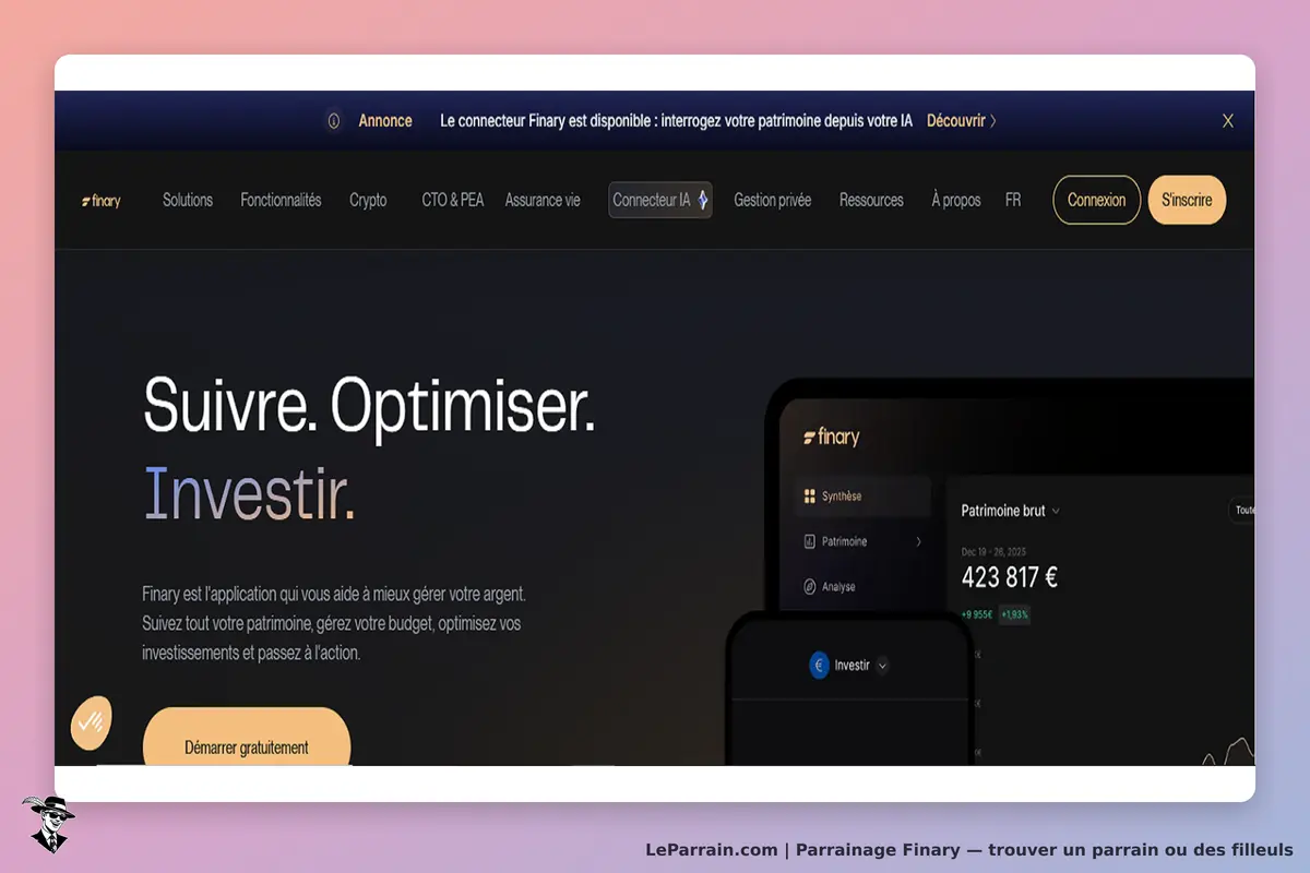 Finary : page d'accueil présentant l'application de gestion de patrimoine et un bouton