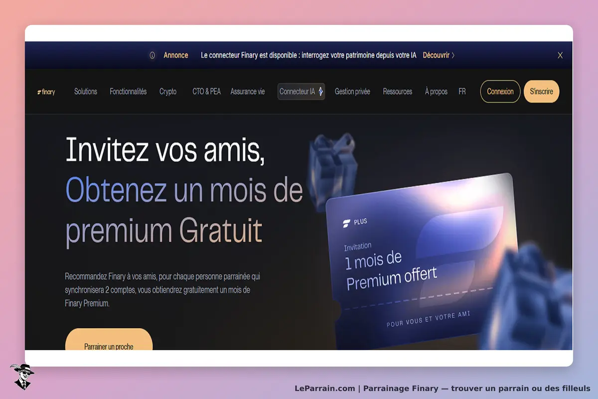 Finary : invitation à parrainer des amis pour un mois de premium gratuit affiché