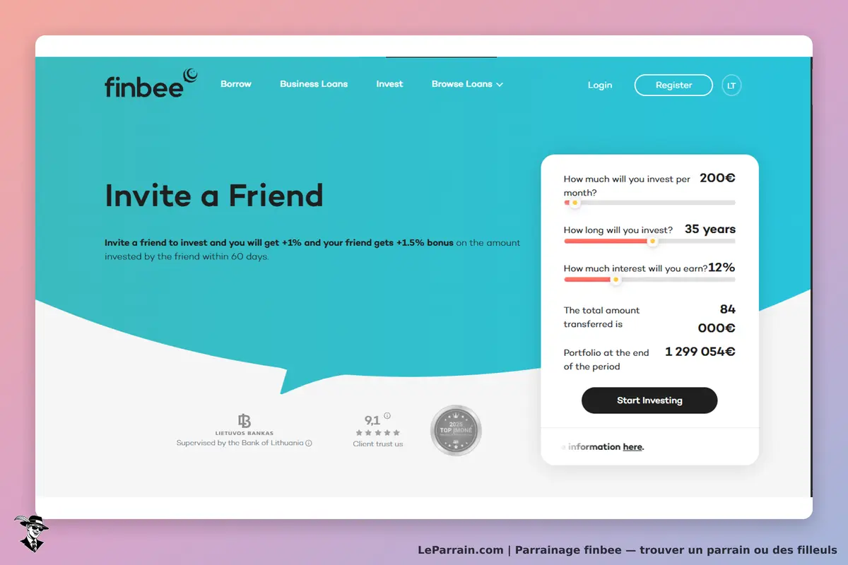 finbee : page d'accueil avec un formulaire d'invitation et des informations d'investissement