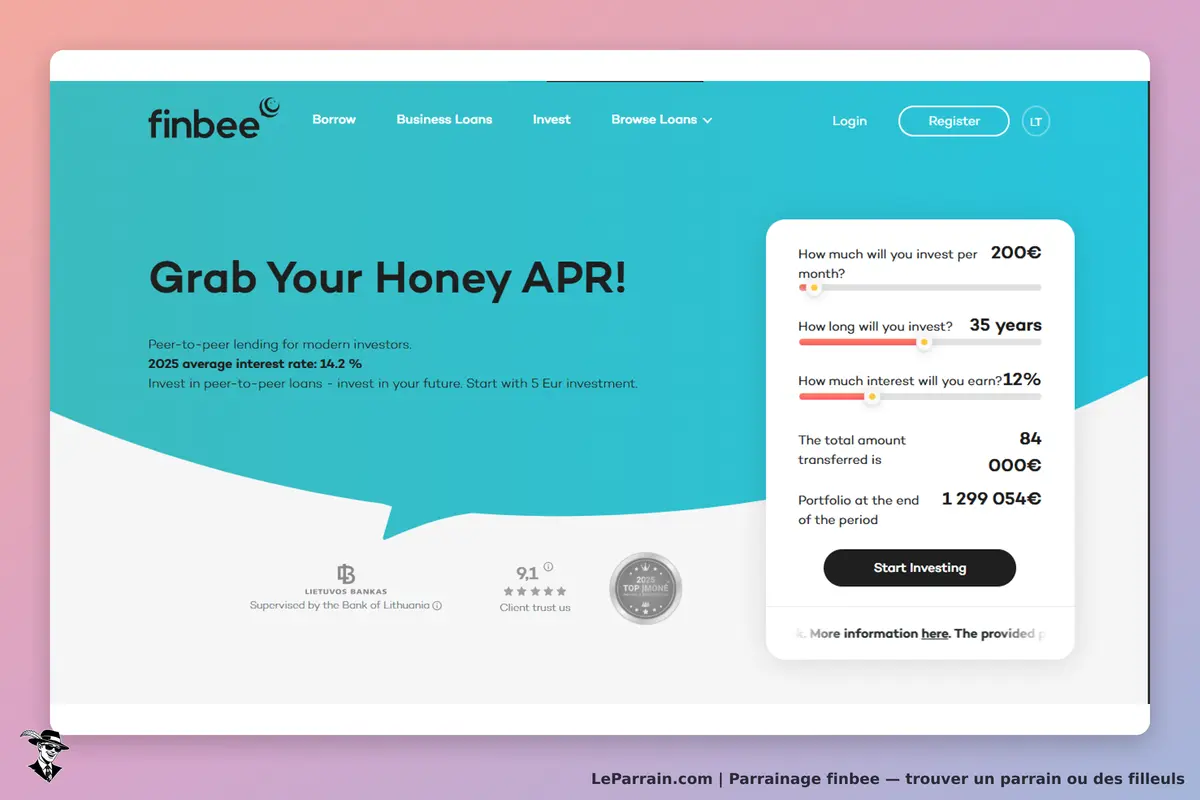 finbee : page d'accueil avec un formulaire d'investissement et des informations sur les prêts