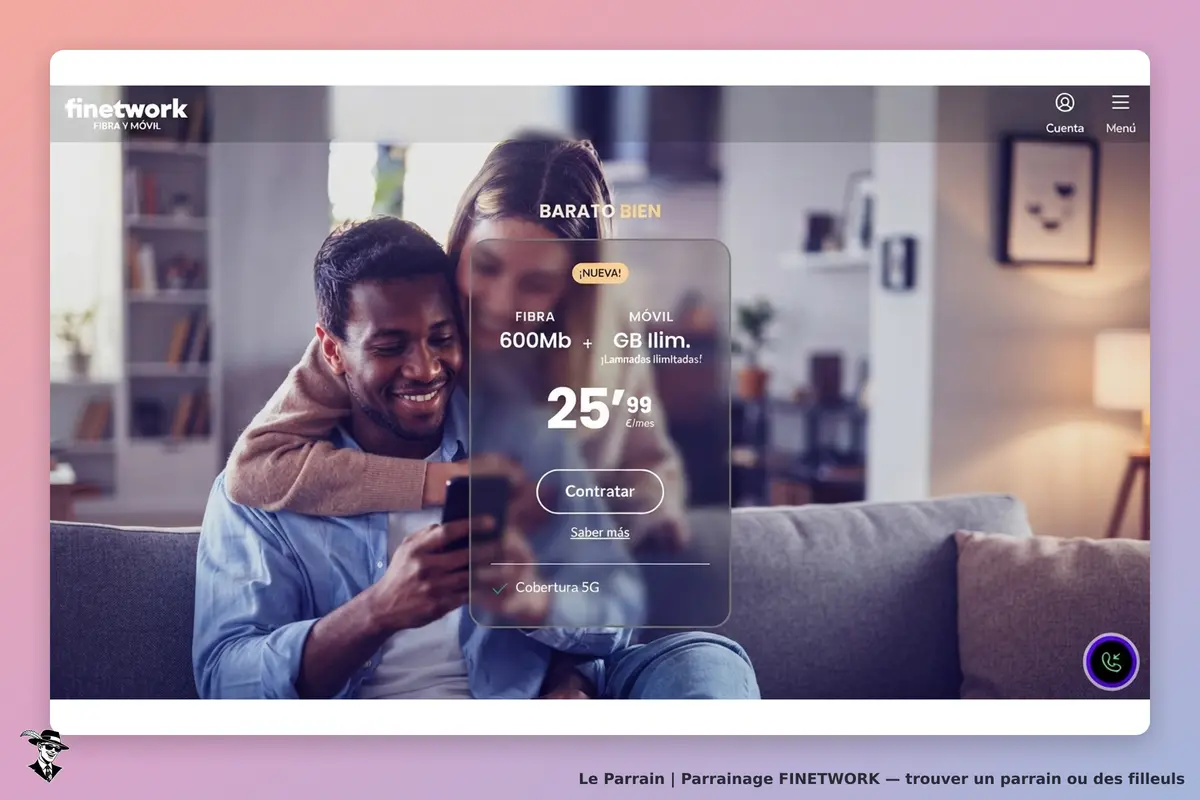 FINETWORK : couple souriant utilisant un smartphone, avec des options de services affichées