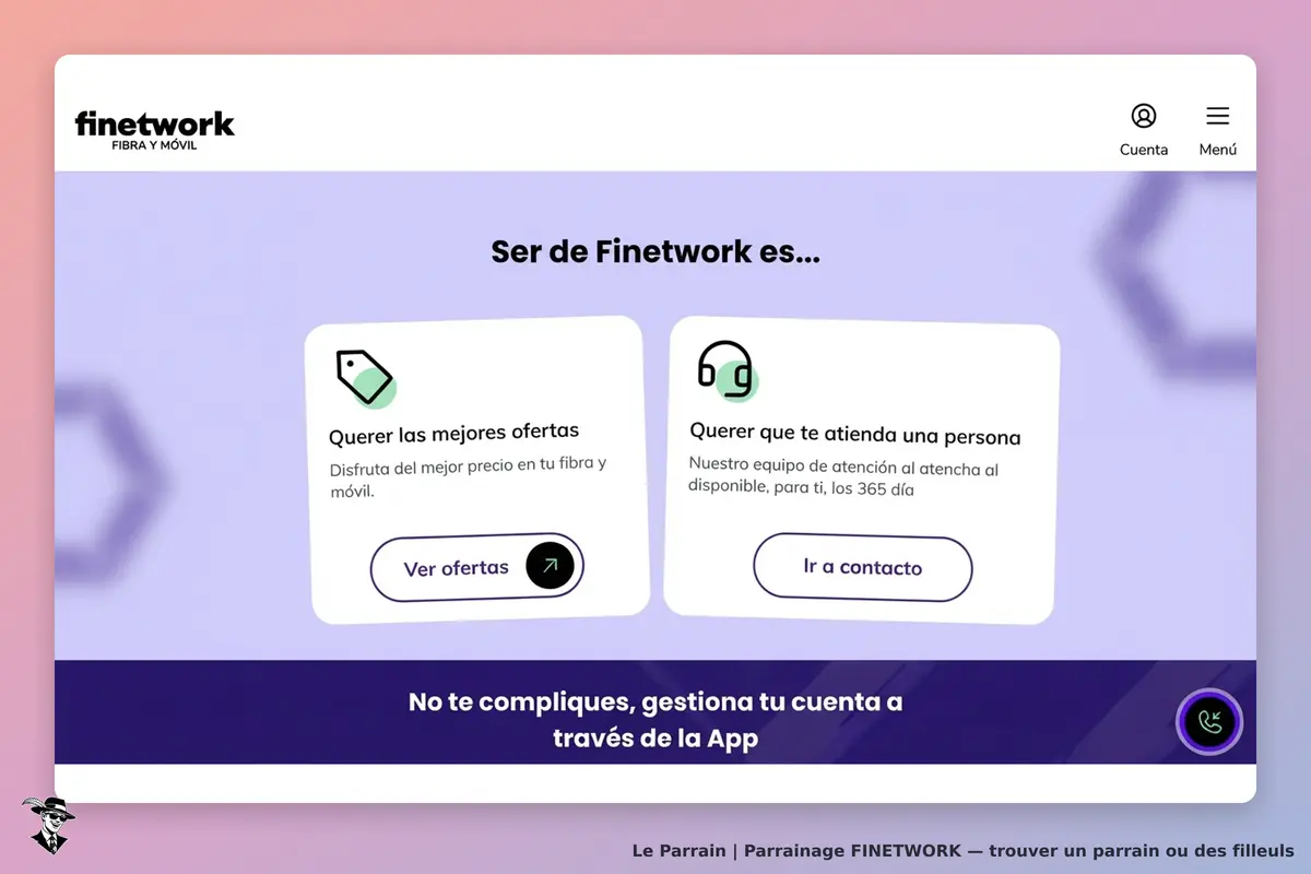 FINETWORK : page d'accueil avec deux options sur les offres et le contact, logo en haut à gauche