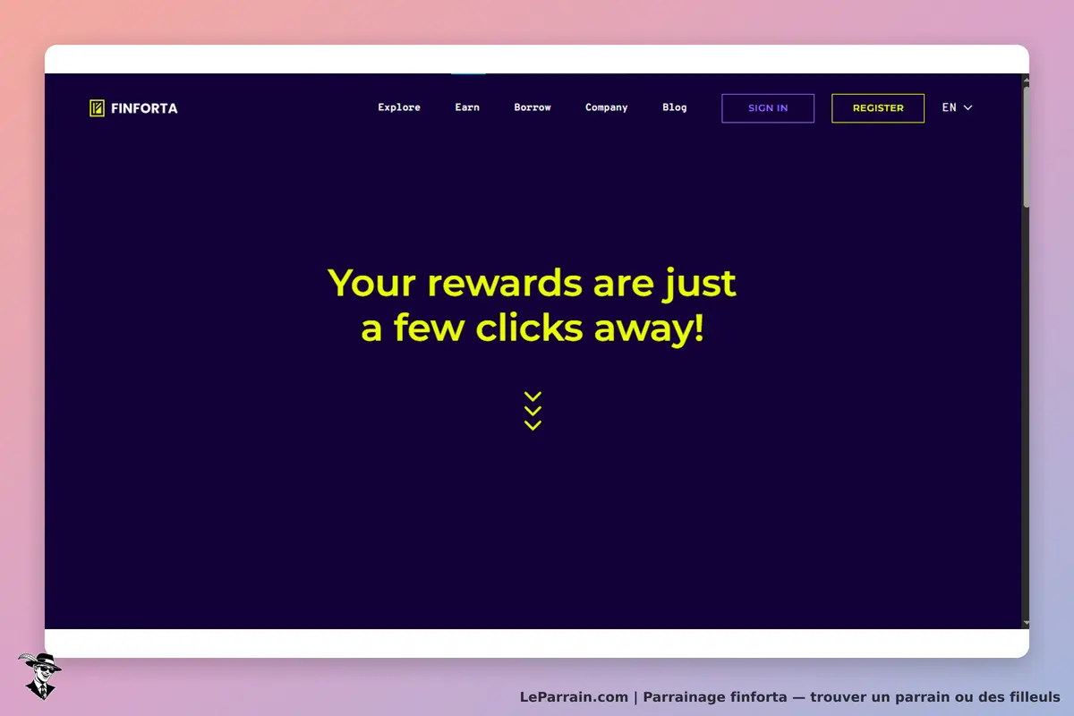 FINFORTA : page d'accueil avec un message sur les récompenses et des options de connexion