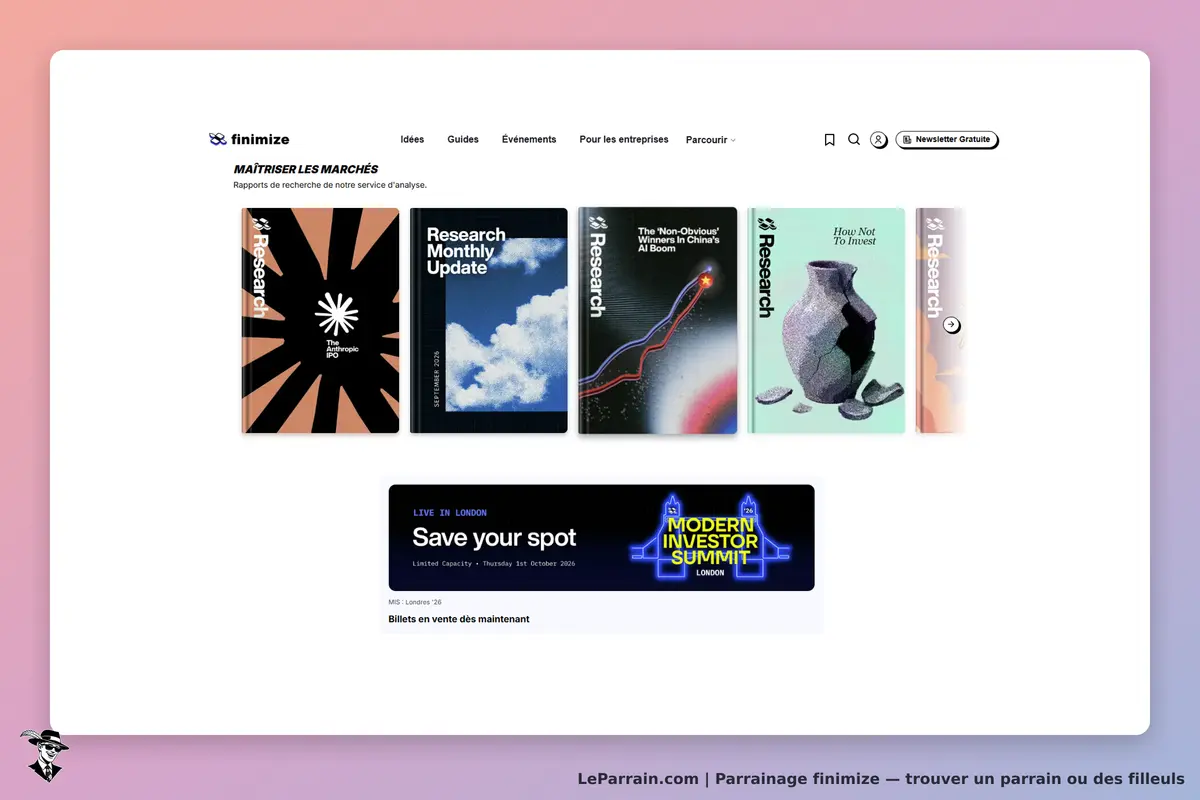 finimize : page d'accueil avec plusieurs rapports de recherche et un événement à venir