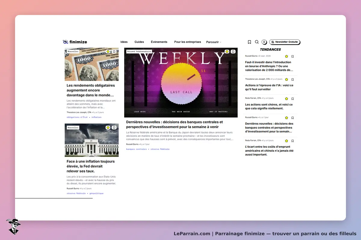 finimize : page d'accueil avec articles sur l'économie et les marchés financiers