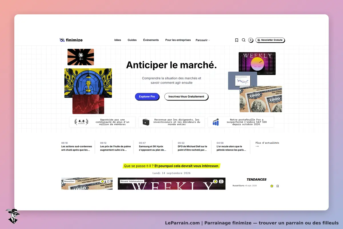 finimize : page d'accueil avec des articles, graphiques et options d'inscription en vedette