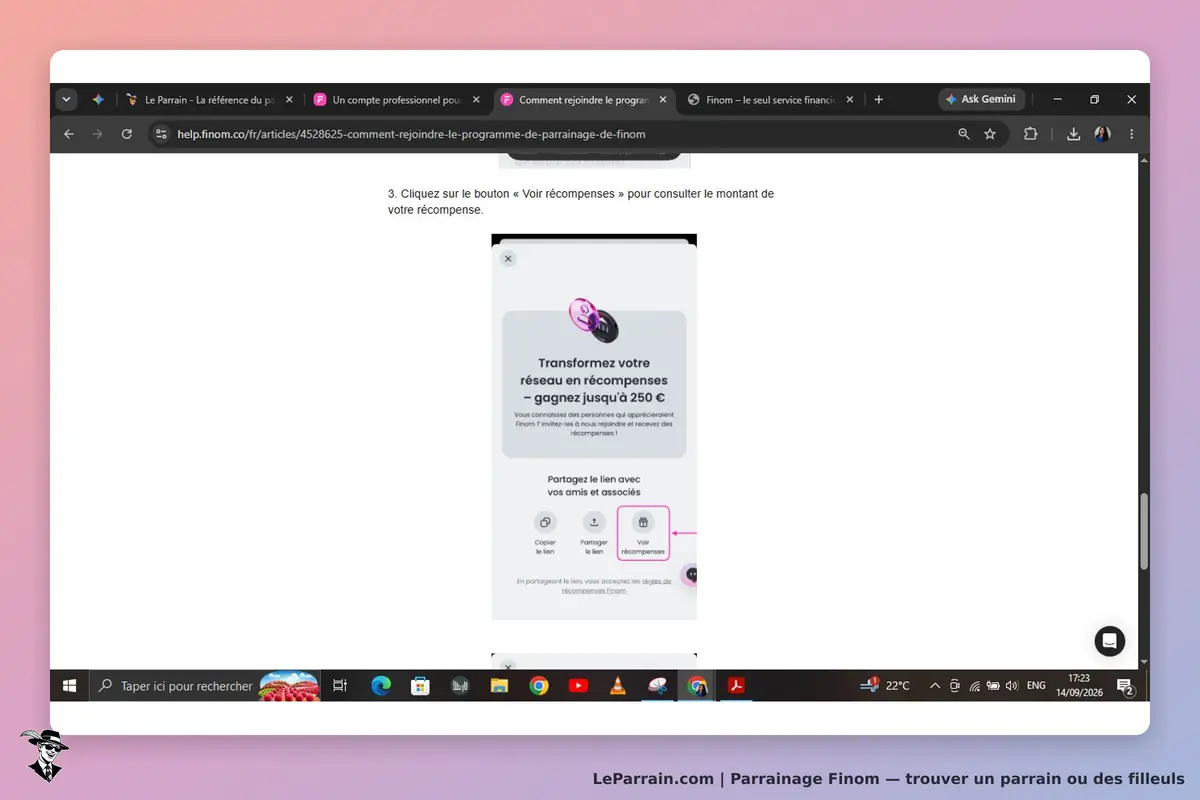 Finom : écran présentant un programme de parrainage avec options de partage et de consultation
