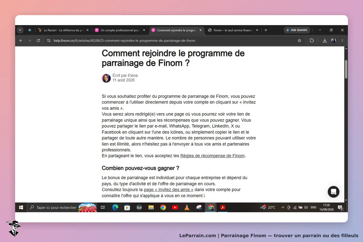 Finom : article expliquant comment rejoindre le programme de parrainage de Finom