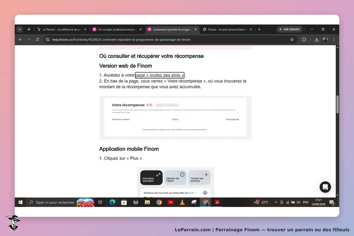Finom : instructions pour consulter la récompense sur la version web et l'application mobile
