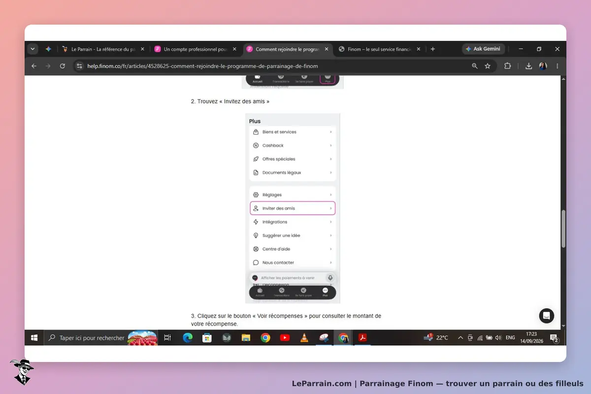 Finom : menu affichant l'option "Inviter des amis" dans un guide d'utilisation