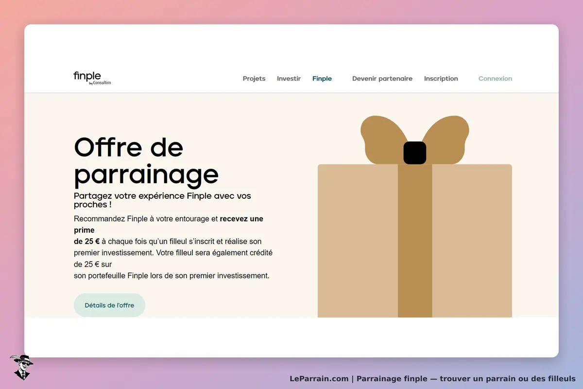 finple : page d'accueil présentant une offre de parrainage avec un visuel de cadeau