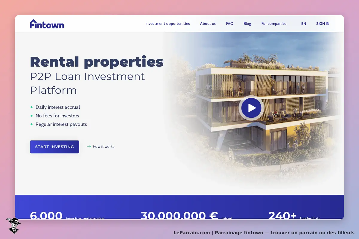 Fintown : page d'accueil avec présentation de propriétés locatives et bouton pour investir