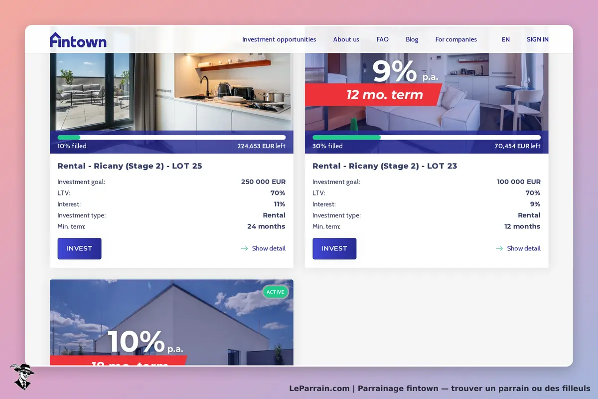 Fintown : page d'accueil avec deux projets d'investissement immobilier affichés