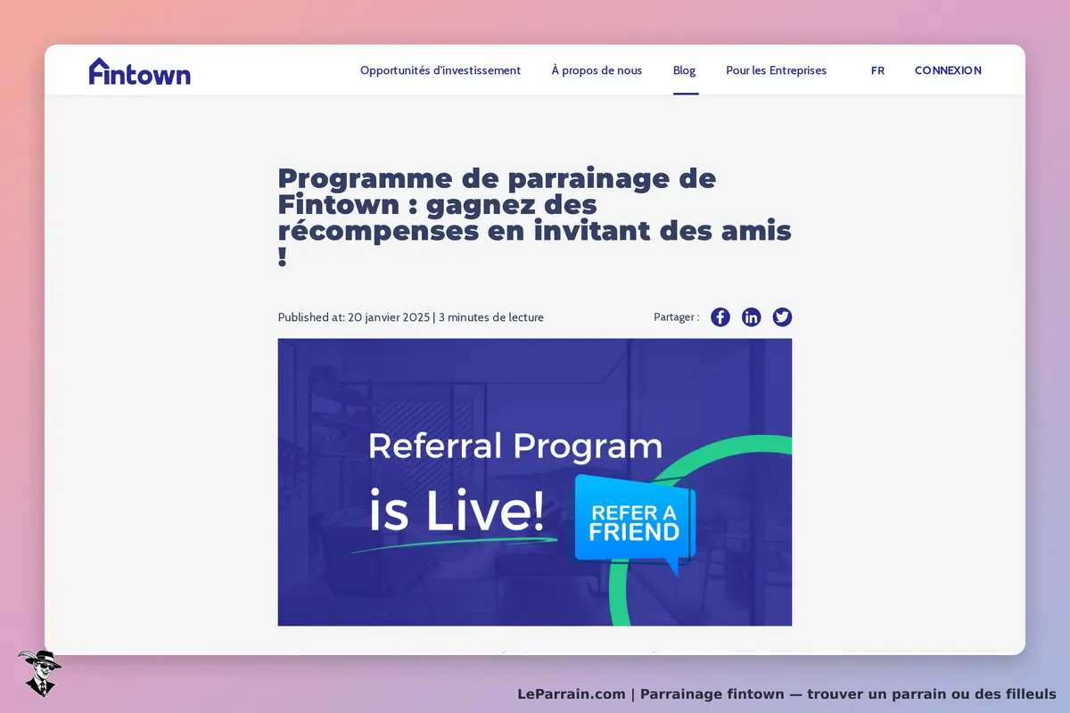 Fintown : page du blog sur le programme de parrainage avec un visuel "Referral Program is Live!