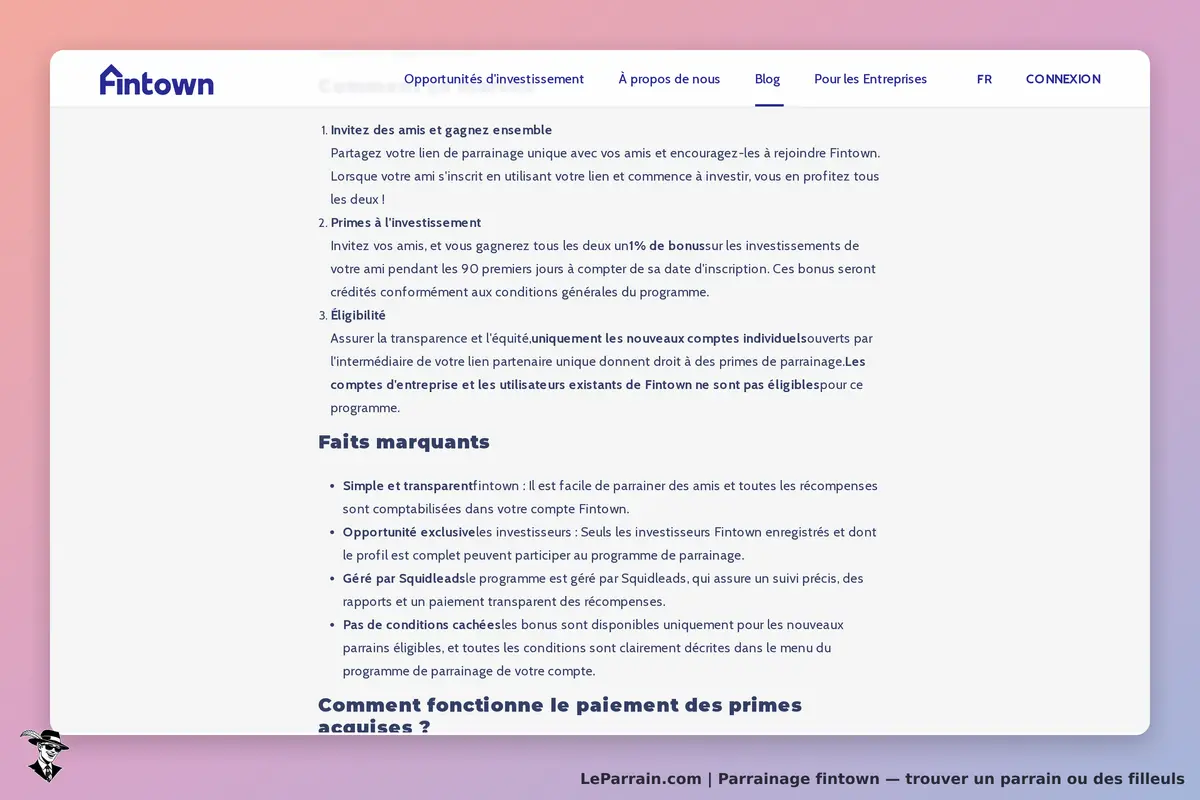 Fintown : section sur les opportunités d'investissement et le programme de parrainage