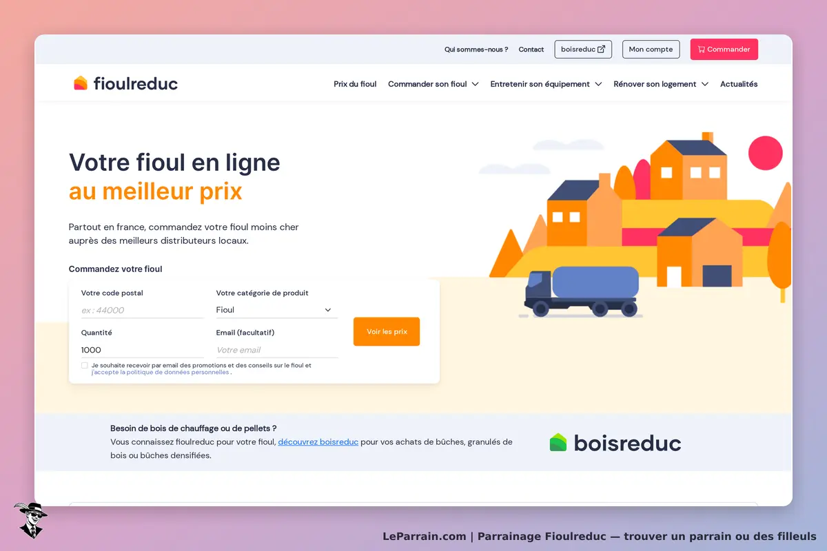 Fioulreduc : page d'accueil avec formulaire de commande de fioul et illustration de maisons