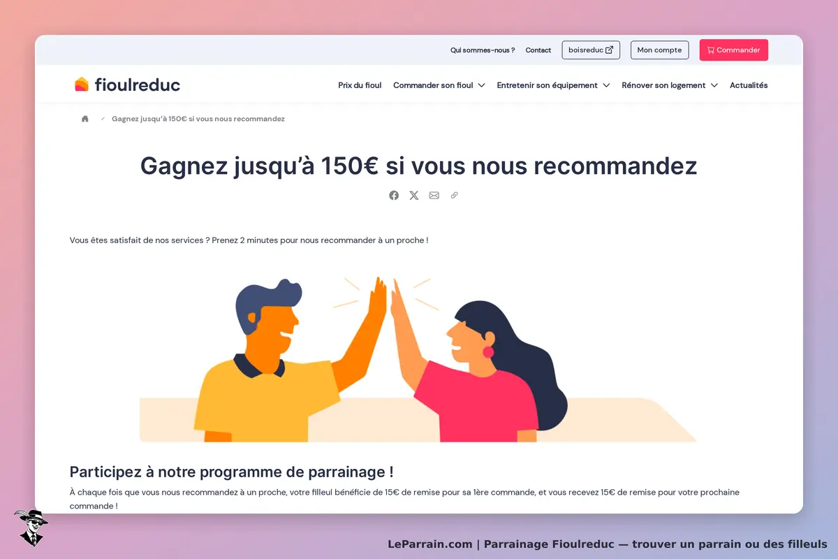Fioulreduc : page d'accueil avec des illustrations de personnes se félicitant pour un parrainage