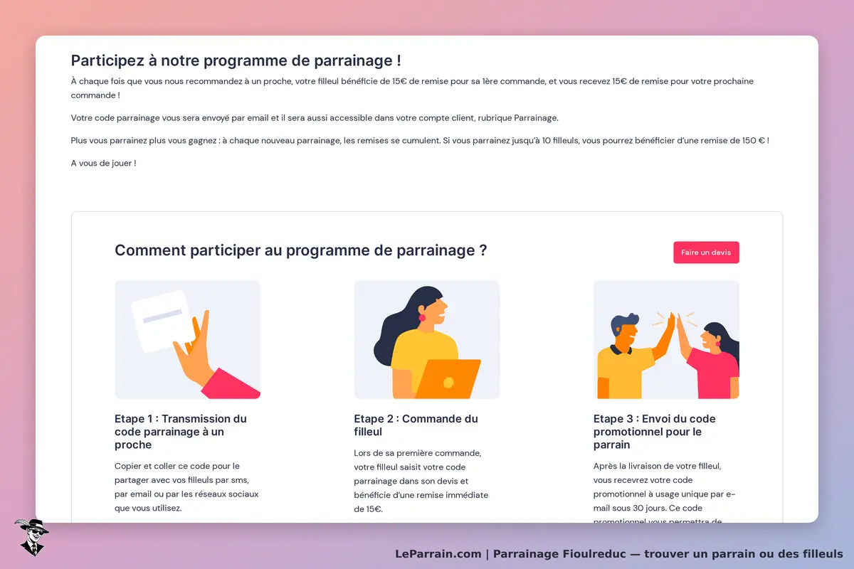 Fioulreduc : présentation du programme de parrainage avec étapes et illustrations explicatives